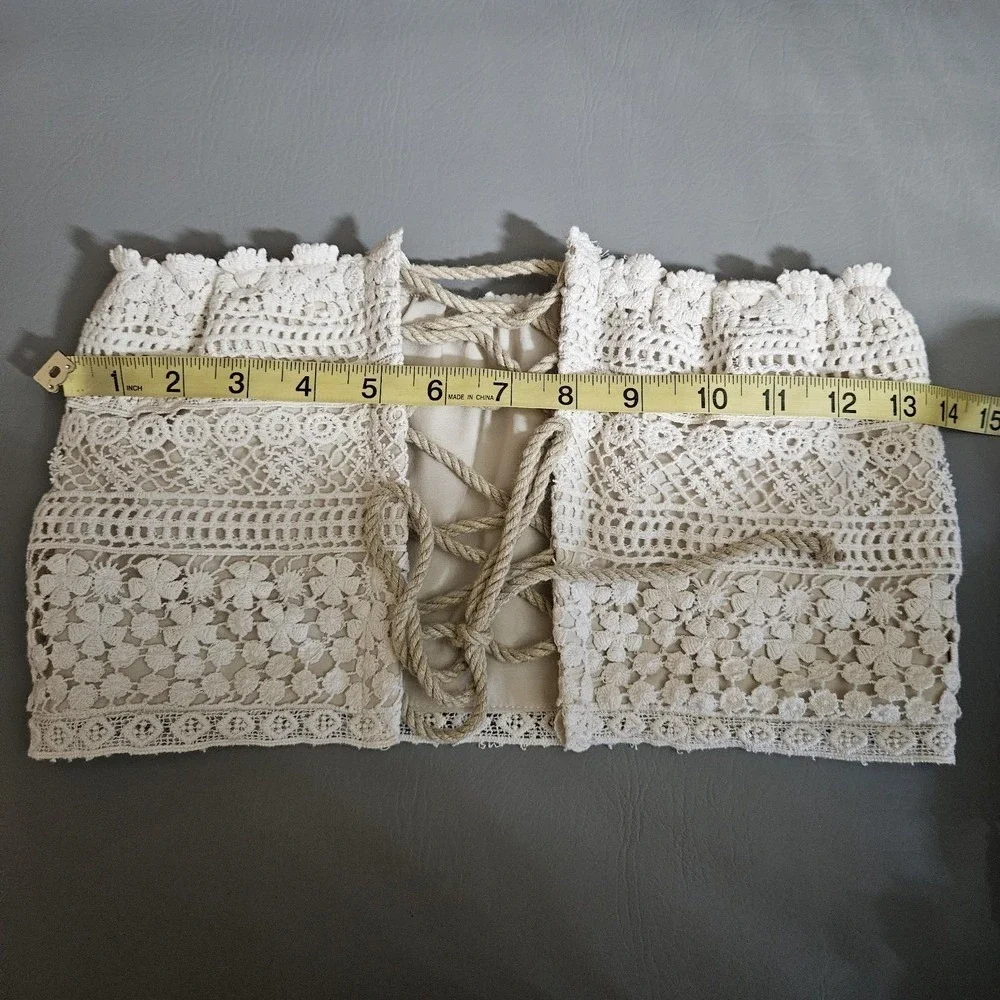 Just Bee Queen Ivory Crochet Lace 2-Piece Set Bandeau Top & Fringed Maxi Skirt M - Picture 9 of 14